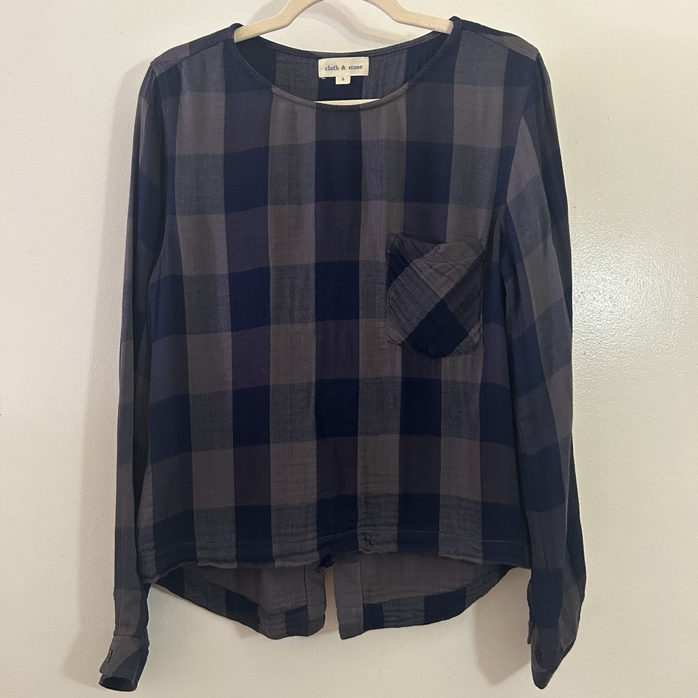 Cloth & Stone Blue Buffalo Plaid Lace Up Back Gray Grey Long Sleeve Shirt Small